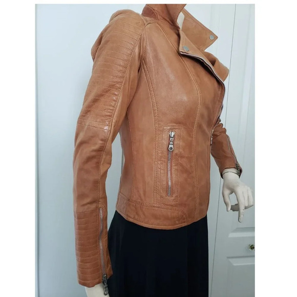 BNWT Stradivarius  Sheep Leather Motorcycle style Fitted Brown Jacket Small - Picture 7 of 14